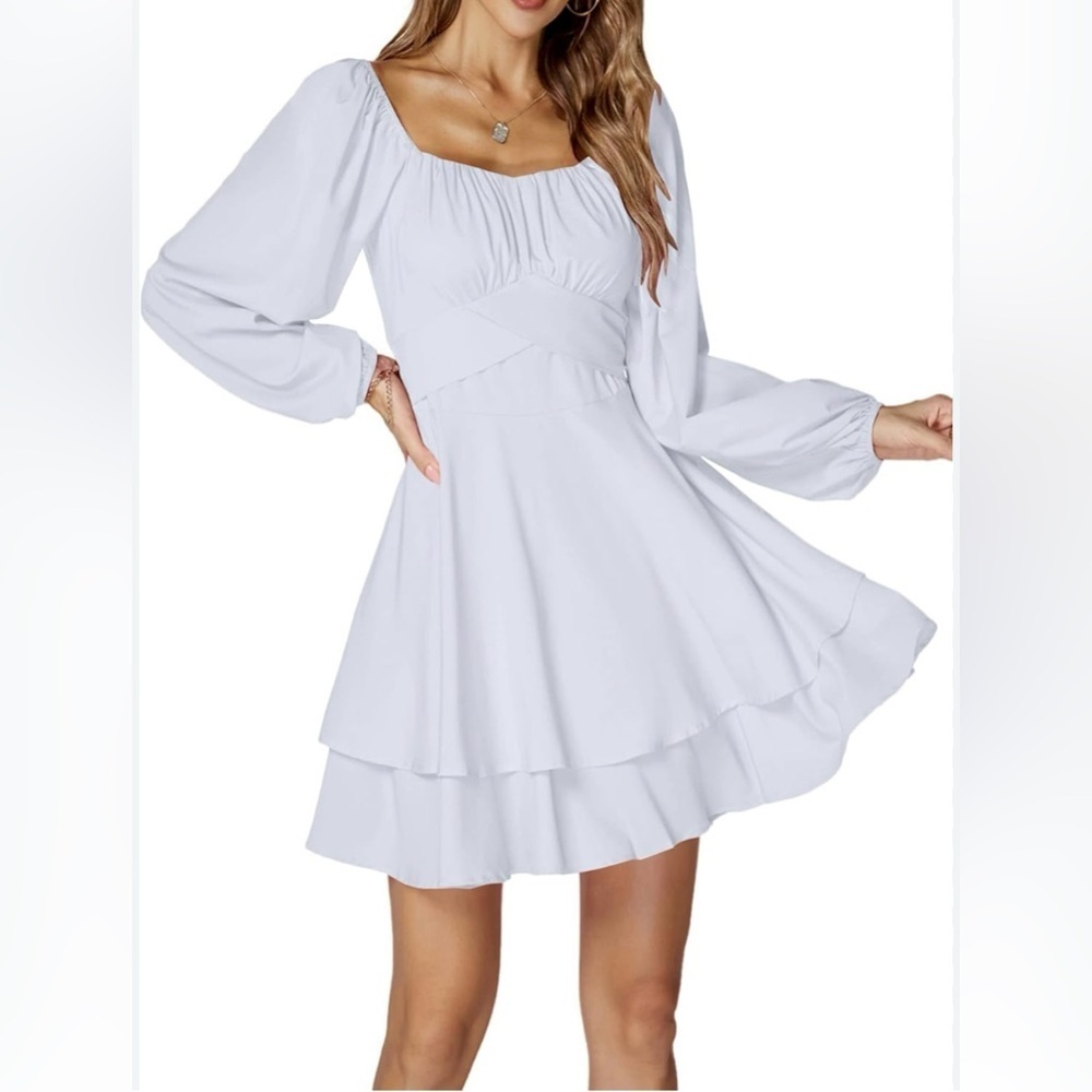 LYANER Wrap Tie Back Square Neck Double Layer Ruffle Hem A Line Mini Dress Sz M